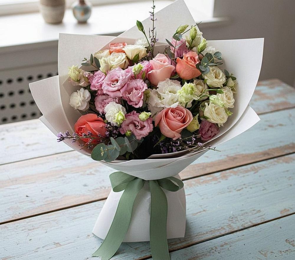 Букет цветов из: Розы, Лизиантусы и Гвоздики в Березовском Свердловской области